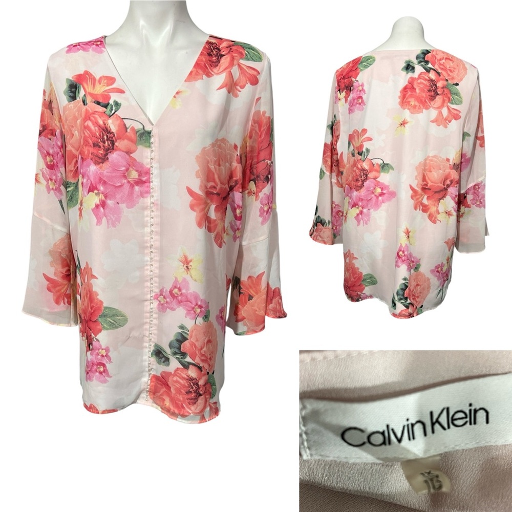 Calvin‎ Klein Blouse plus size 1x Floral Pink multicolor sheer flutter sleeve